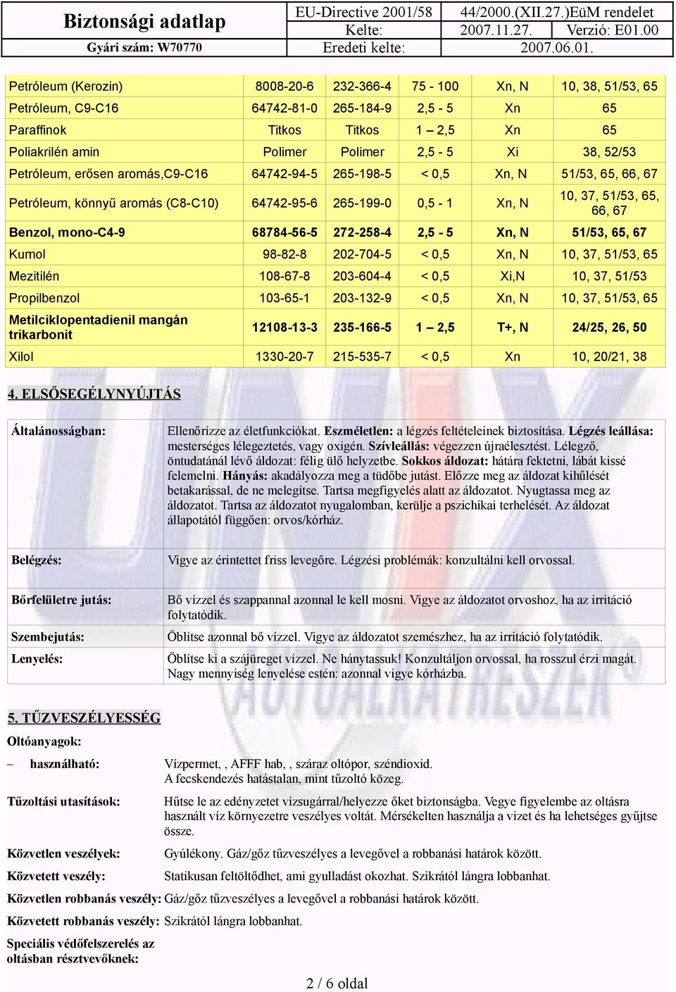 mono-c4-9 68784-56-5 272-258-4 2,5-5 Xn, N 51/53, 65, 67 Kumol 98-82-8 202-704-5 < 0,5 Xn, N 10, 37, 51/53, 65 Mezitilén 108-67-8 203-604-4 < 0,5 Xi,N 10, 37, 51/53 Propilbenzol 103-65-1 203-132-9 <