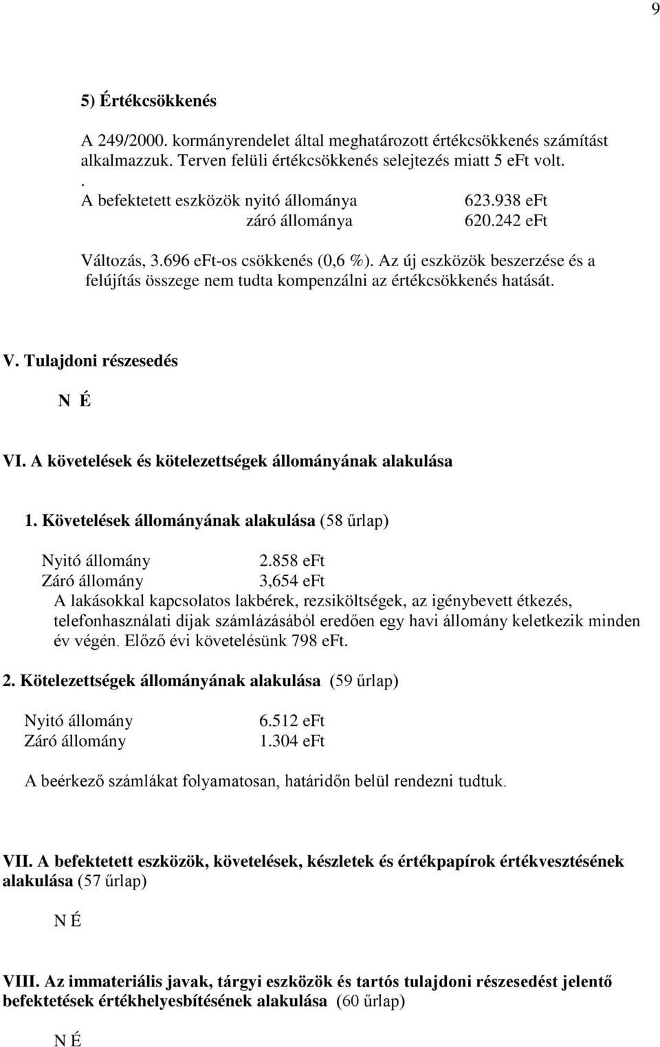 Az új eszközök beszerzése és a felújítás összege nem tudta kompenzálni az értékcsökkenés hatását. V. Tulajdoni részesedés VI. A követelések és kötelezettségek állományának alakulása 1.