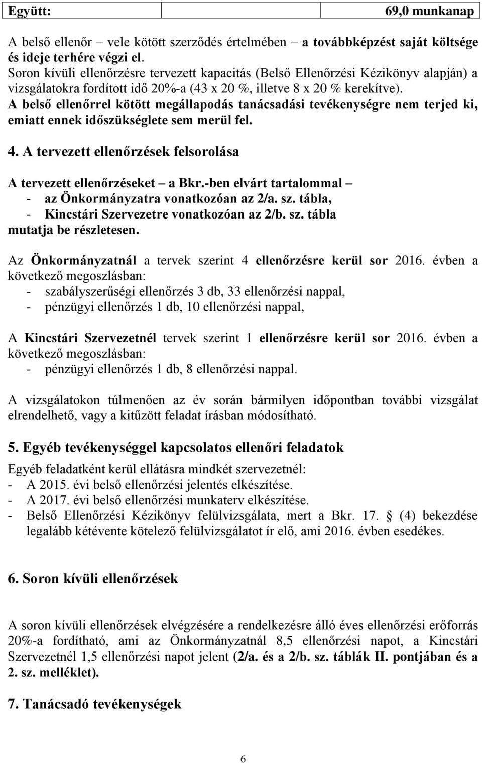 A belső ellenőrrel kötött megállapodás tanácsadási tevékenységre nem terjed ki, emiatt ennek időszükséglete sem merül fel. 4. A tervezett ellenőrzések felsorolása A tervezett ellenőrzéseket a Bkr.