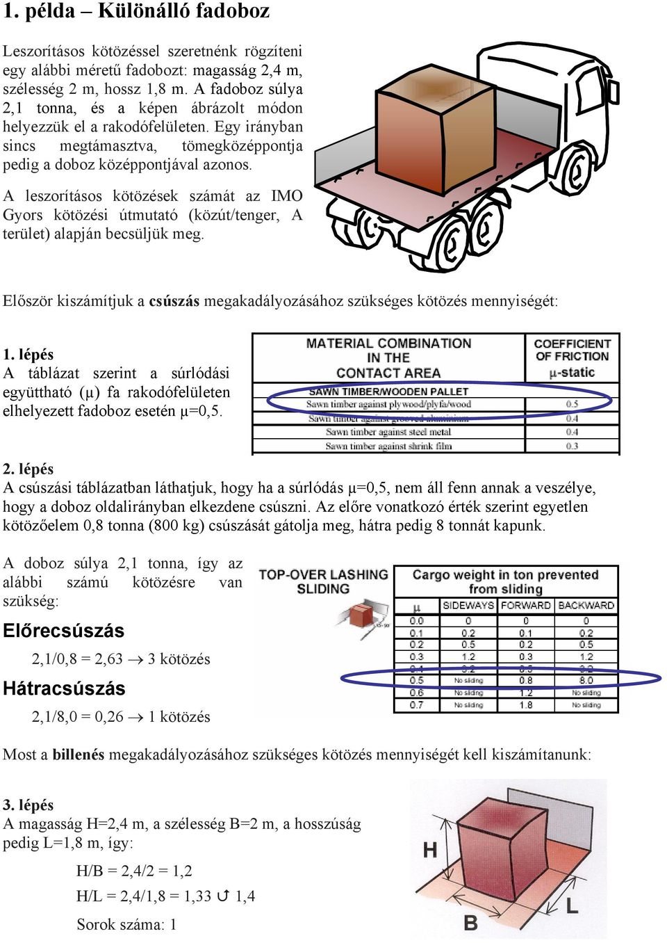 A leszorításos kötözések számát az IMO Gyors kötözési útmutató (közút/tenger, A terület) alapján becsüljük meg. Először kiszámítjuk a csúszás megakadályozásához szükséges kötözés mennyiségét: 1.