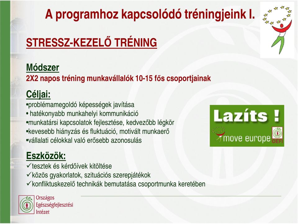 javítása hatékonyabb munkahelyi kommunikáció munkatársi kapcsolatok fejlesztése, kedvezıbb légkör kevesebb hiányzás és