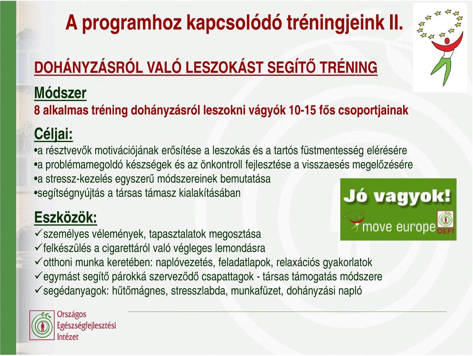 füstmentesség elérésére a problémamegoldó készségek és az önkontroll fejlesztése a visszaesés megelızésére a stressz-kezelés egyszerő módszereinek bemutatása segítségnyújtás a társas támasz