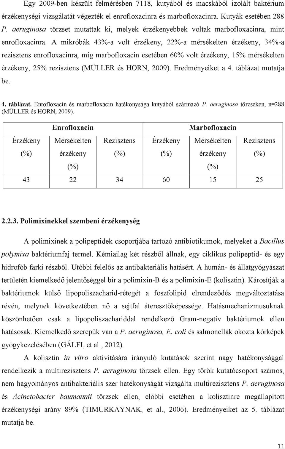 A mikróbák 43%-a volt érzékeny, 22%-a mérsékelten érzékeny, 34%-a rezisztens enrofloxacinra, míg marbofloxacin esetében 60% volt érzékeny, 15% mérsékelten érzékeny, 25% rezisztens (MÜLLER és HORN,