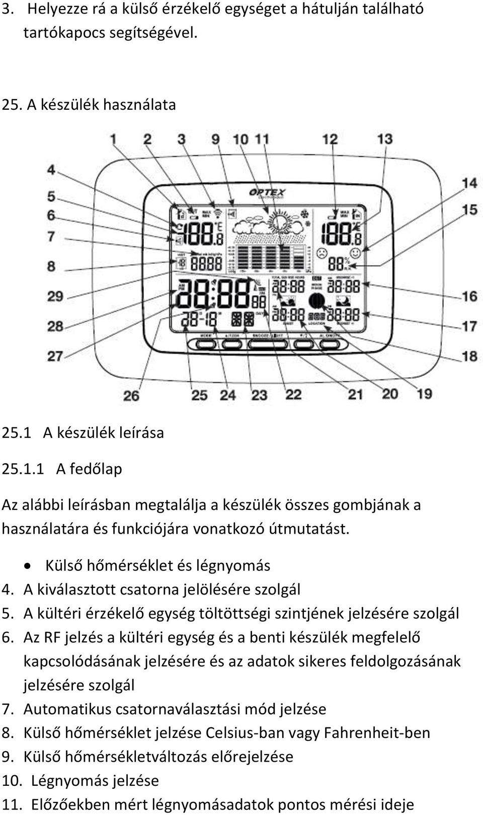 A kiválasztott csatorna jelölésére szolgál 5. A kültéri érzékelő egység töltöttségi szintjének jelzésére szolgál 6.