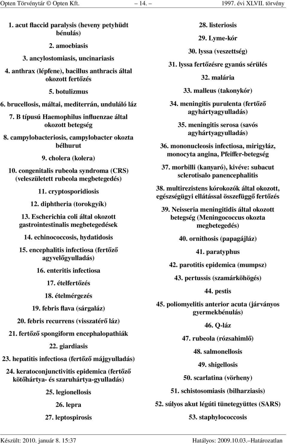 campylobacteriosis, campylobacter okozta bélhurut 9. cholera (kolera) 10. congenitalis rubeola syndroma (CRS) (veleszületett rubeola megbetegedés) 11. cryptosporidiosis 12. diphtheria (torokgyík) 13.