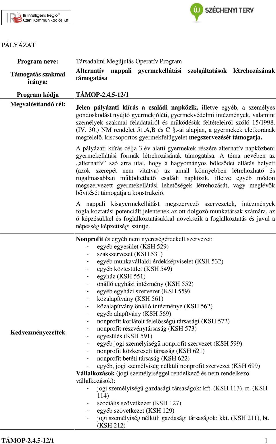 5-12/1 Jelen pályázati kiírás a családi napközik, illetve egyéb, a személyes gondoskodást nyújtó gyermekjóléti, gyermekvédelmi intézmények, valamint személyek szakmai feladatairól és működésük