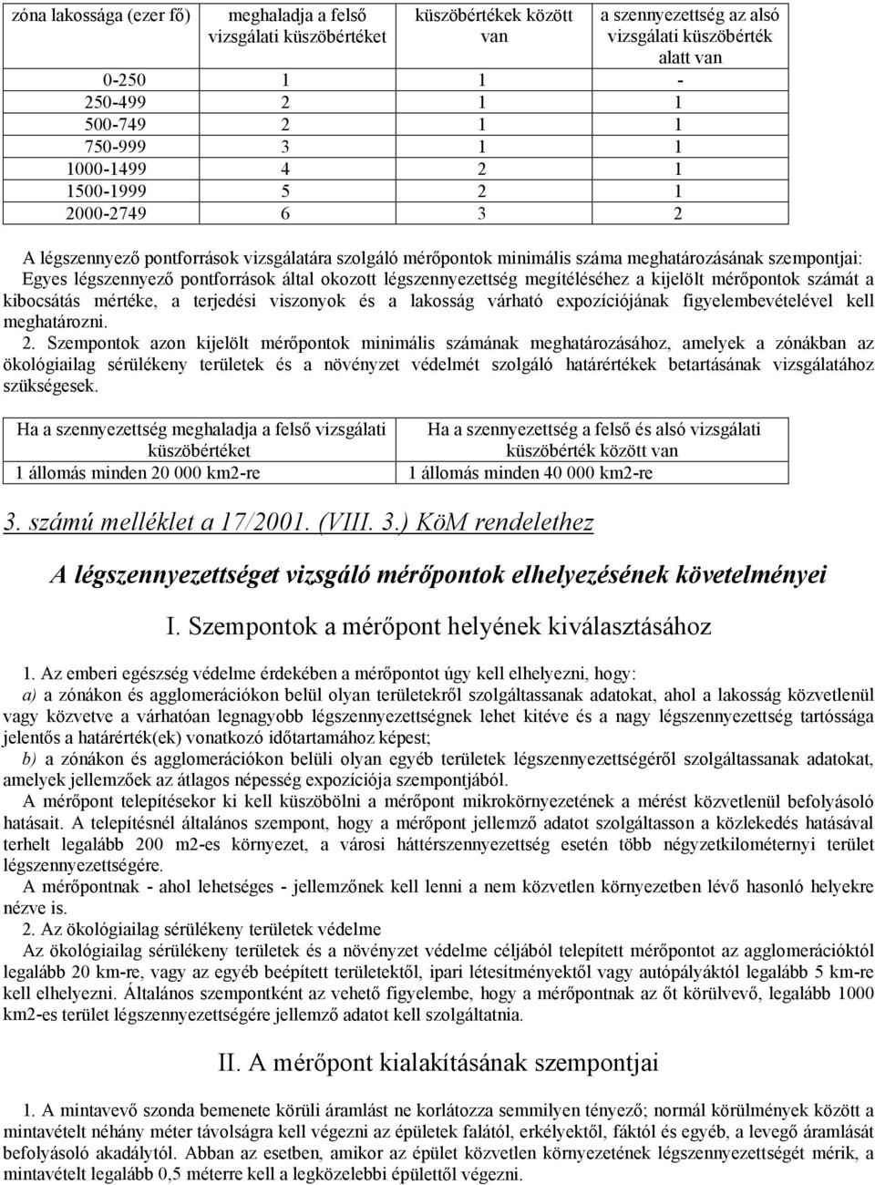 által okozott légszennyezettség megítéléséhez a kijelölt mérőpontok számát a kibocsátás mértéke, a terjedési viszonyok és a lakosság várható expozíciójának figyelembevételével kell meghatározni. 2.