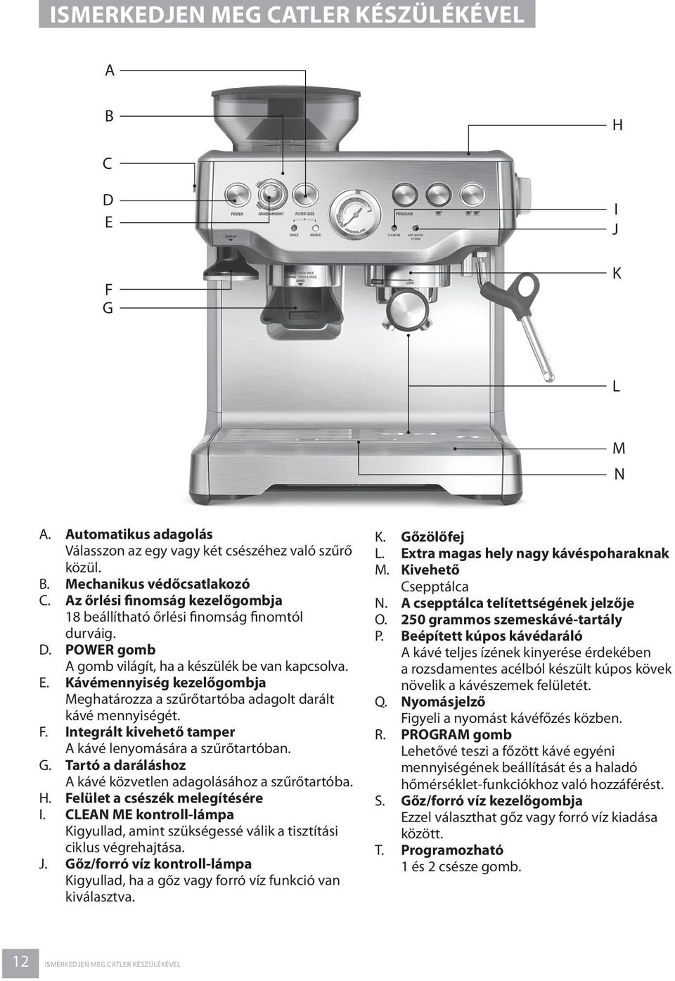 Kávémennyiség kezelőgombja Meghatározza a szűrőtartóba adagolt darált kávé mennyiségét. F. Integrált kivehető tamper A kávé lenyomására a szűrőtartóban. G.