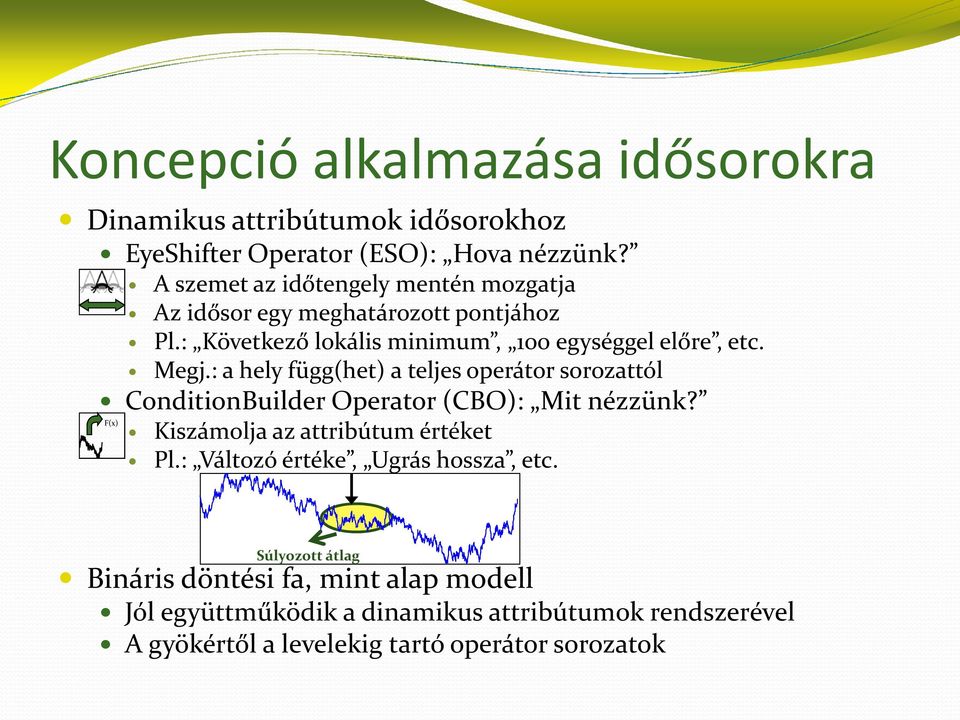 : a hely függ(het) a teljes operátor sorozattól ConditionBuilder Operator (CBO): Mit nézzünk? F(x) Kiszámolja az attribútum értéket Pl.