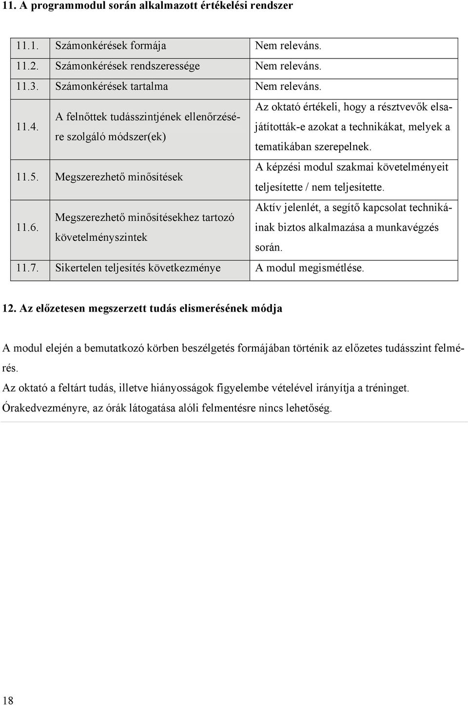 Megszerezhető minősítések A képzési modul szakmai követelményeit teljesítette / nem teljesítette. 11.6.