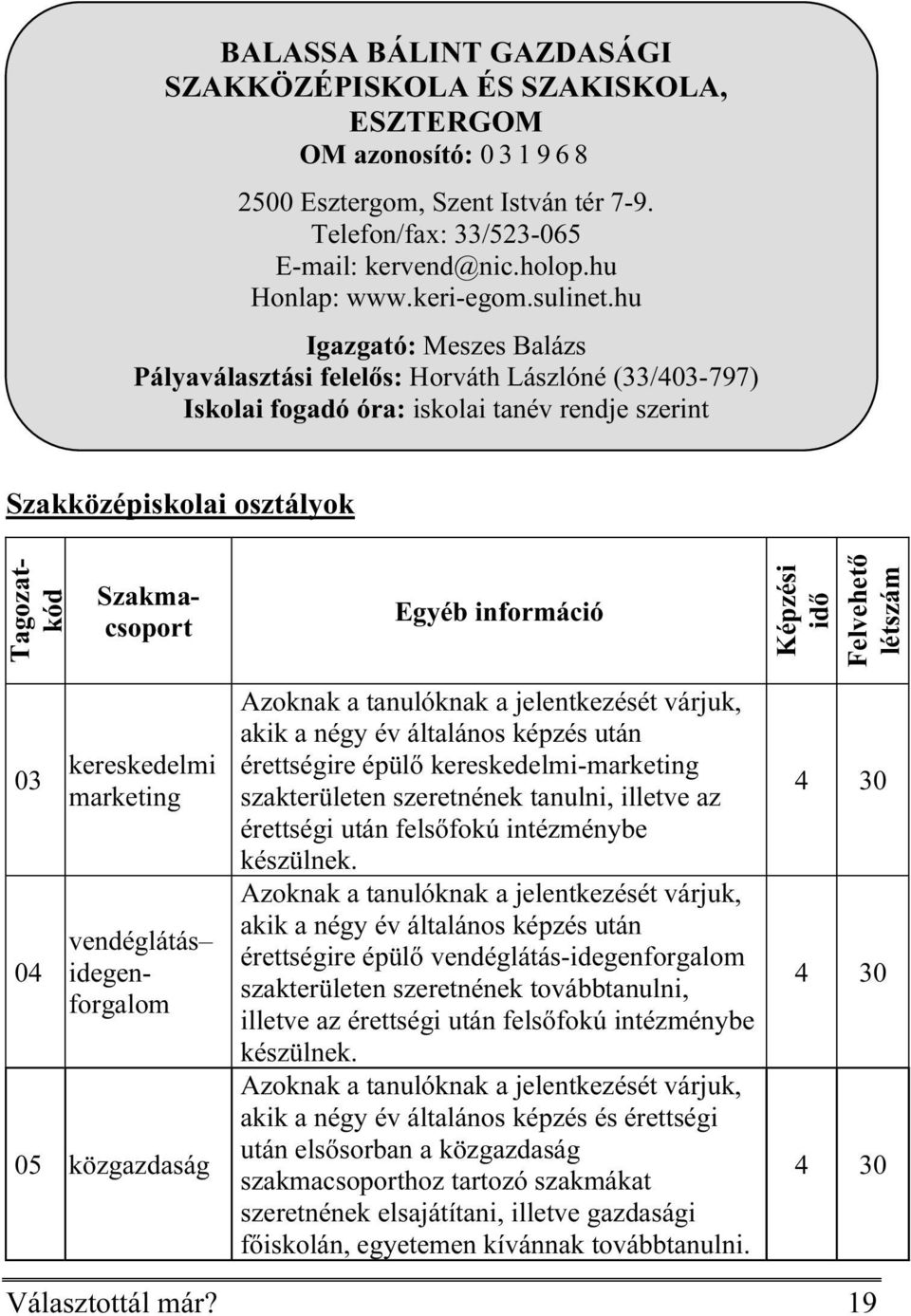 hu Igazgató: Meszes Balázs Pályaválasztási felelős: Horváth Lászlóné (33/403-797) Iskolai fogadó óra: iskolai tanév rendje szerint Szakközépiskolai osztályok Szakmacsoport Egyéb információ 03 04