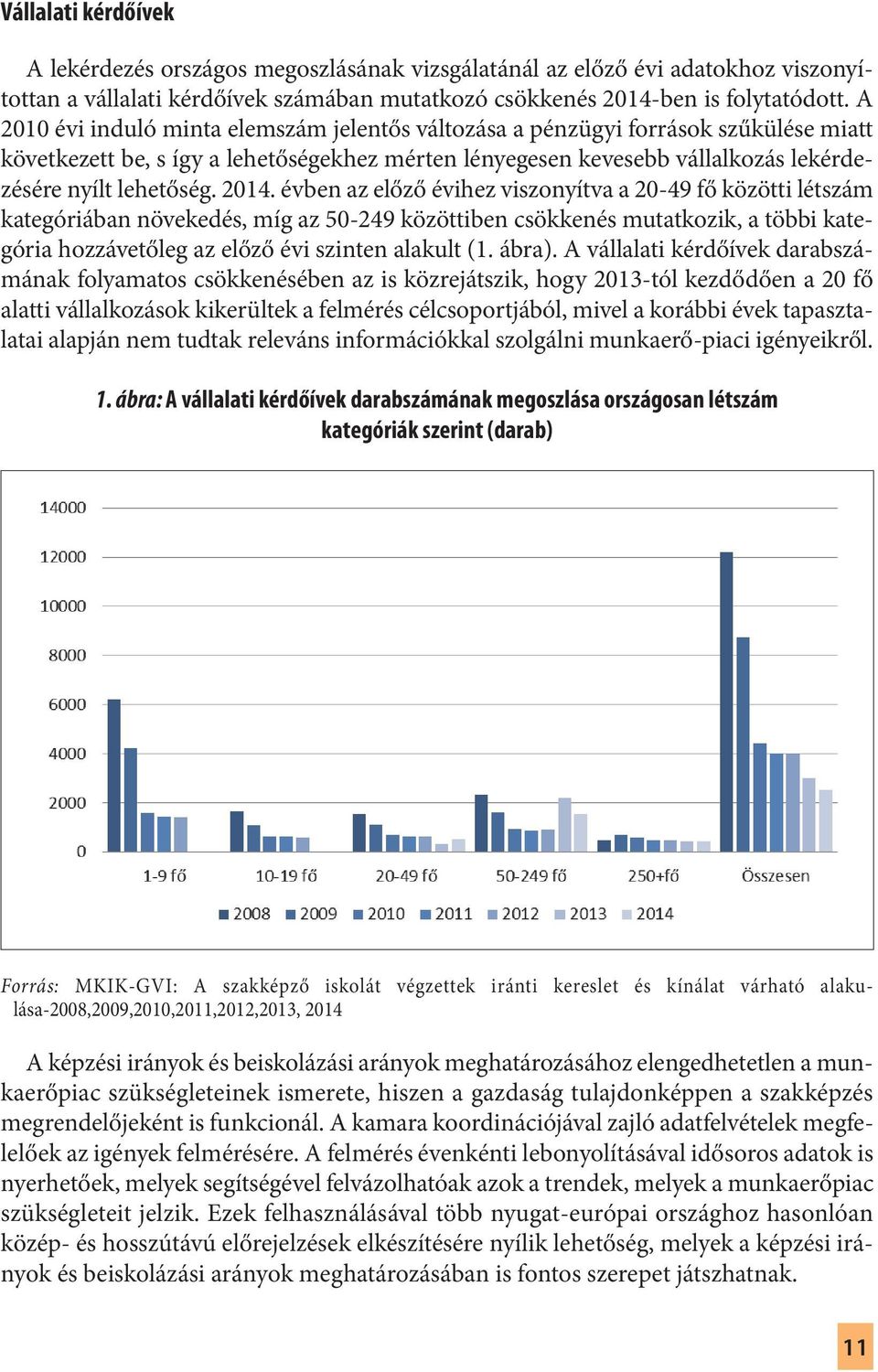 2014. évben az előző évihez viszonyítva a 20-49 fő közötti létszám kategóriában növekedés, míg az 50-249 közöttiben csökkenés mutatkozik, a többi kategória hozzávetőleg az előző évi szinten alakult