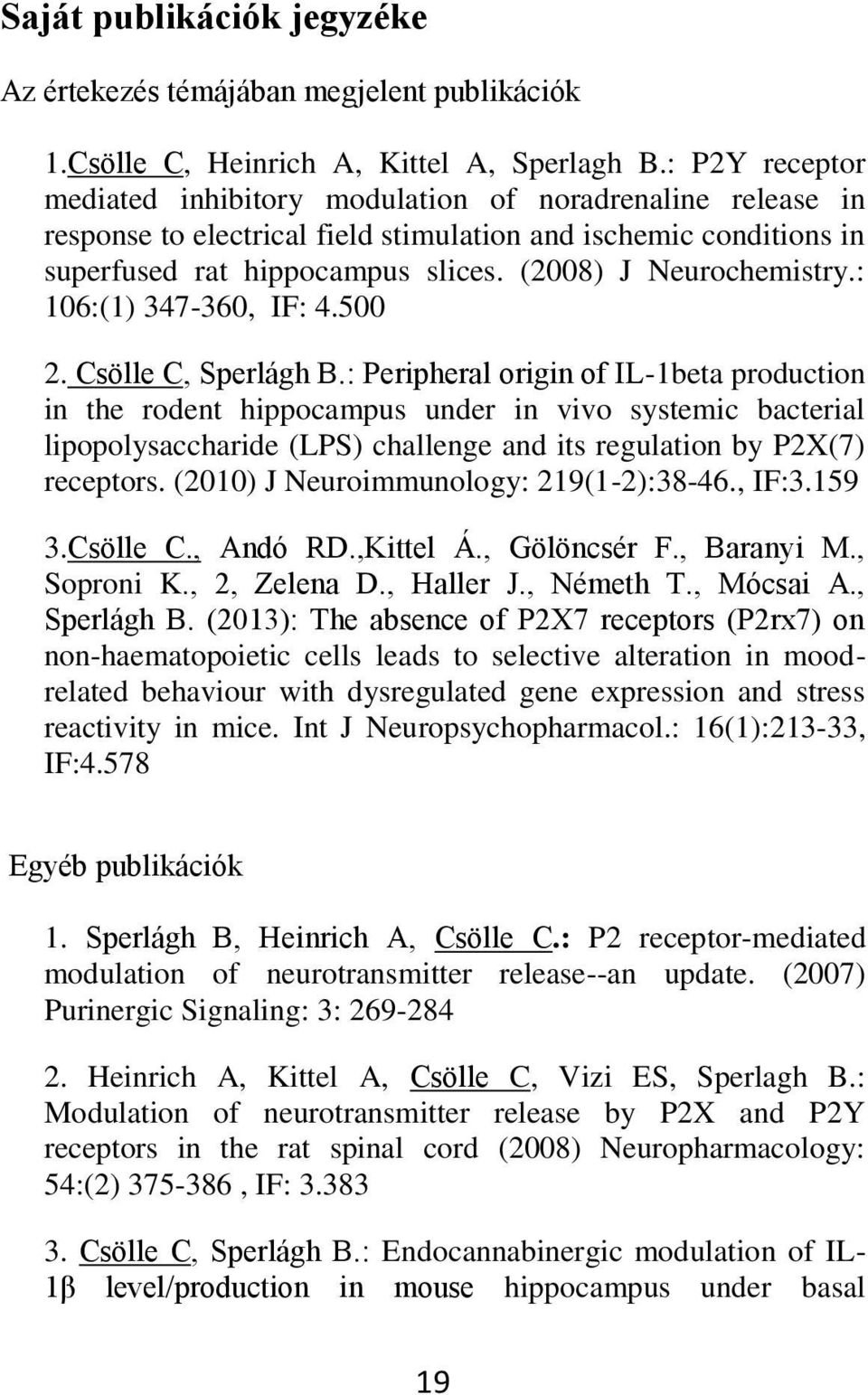 (2008) J Neurochemistry.: 106:(1) 347-360, IF: 4.500 2. Csölle C, Sperlágh B.