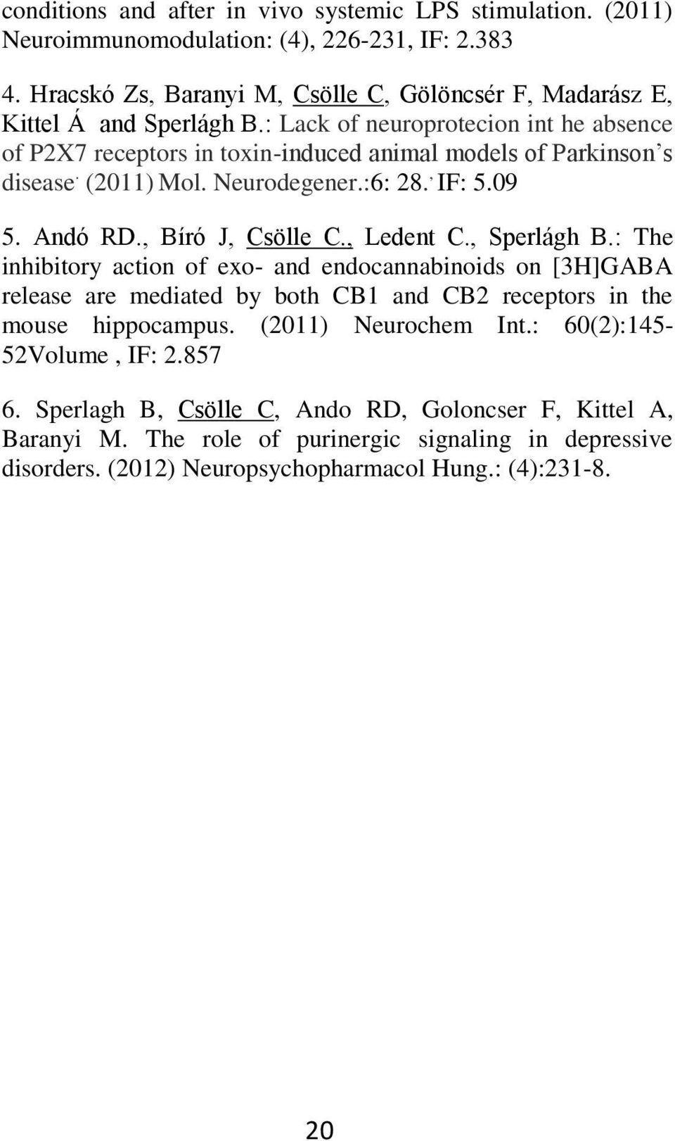 , Ledent C., Sperlágh B.: The inhibitory action of exo- and endocannabinoids on [3H]GABA release are mediated by both CB1 and CB2 receptors in the mouse hippocampus. (2011) Neurochem Int.