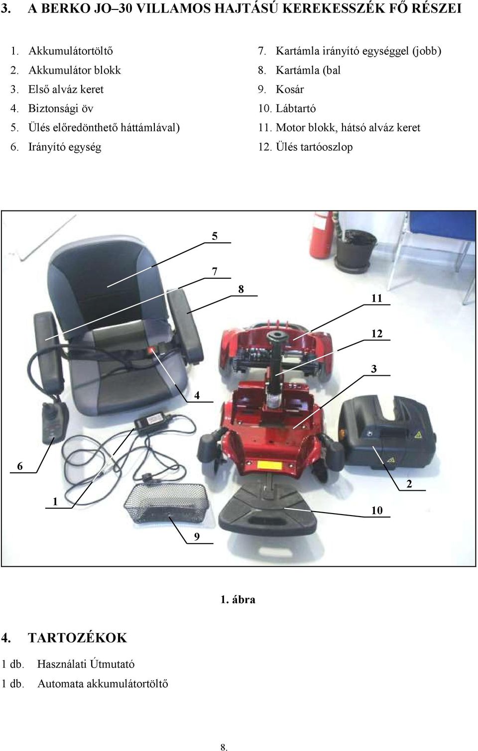 Biztonsági öv 10. Lábtartó 5. Ülés előredönthető háttámlával) 11. Motor blokk, hátsó alváz keret 6.