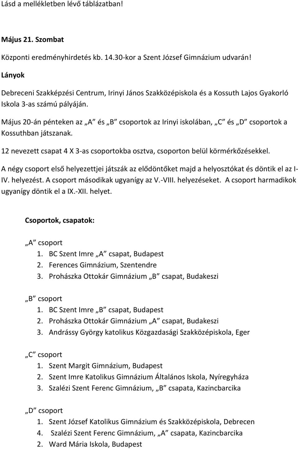 Május 20-án pénteken az A és B csoportok az Irinyi iskolában, C és D csoportok a Kossuthban játszanak. 12 nevezett csapat 4 X 3-as csoportokba osztva, csoporton belül körmérkőzésekkel.