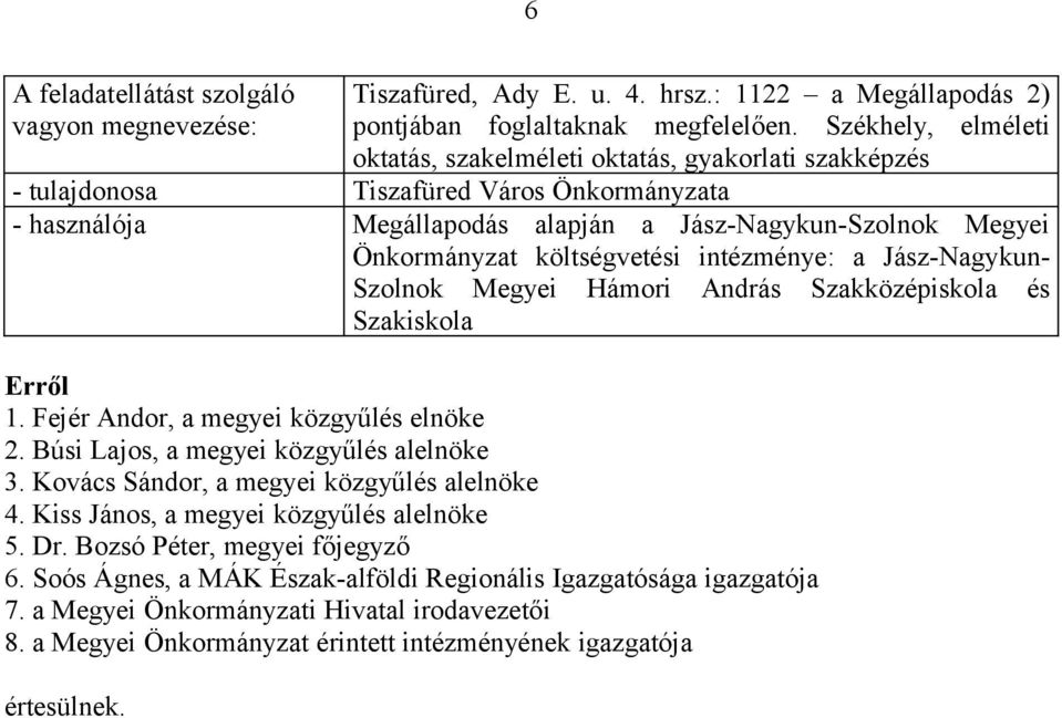 költségvetési intézménye: a Jász-Nagykun- Szolnok Megyei Hámori András Szakközépiskola és Szakiskola Erről 1. Fejér Andor, a megyei közgyűlés elnöke 2. Búsi Lajos, a megyei közgyűlés alelnöke 3.