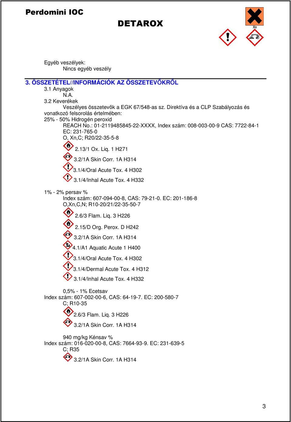 : 01-2119485845-22-XXXX, Index szám: 008-003-00-9 CAS: 7722-84-1 EC: 231-765-0 O, Xn,C; R20/22-35-5-8 2.13/1 Ox. Liq. 1 H271 3.2/1A Skin Corr. 1A H314 3.1/4/Oral Acute Tox. 4 H302 3.