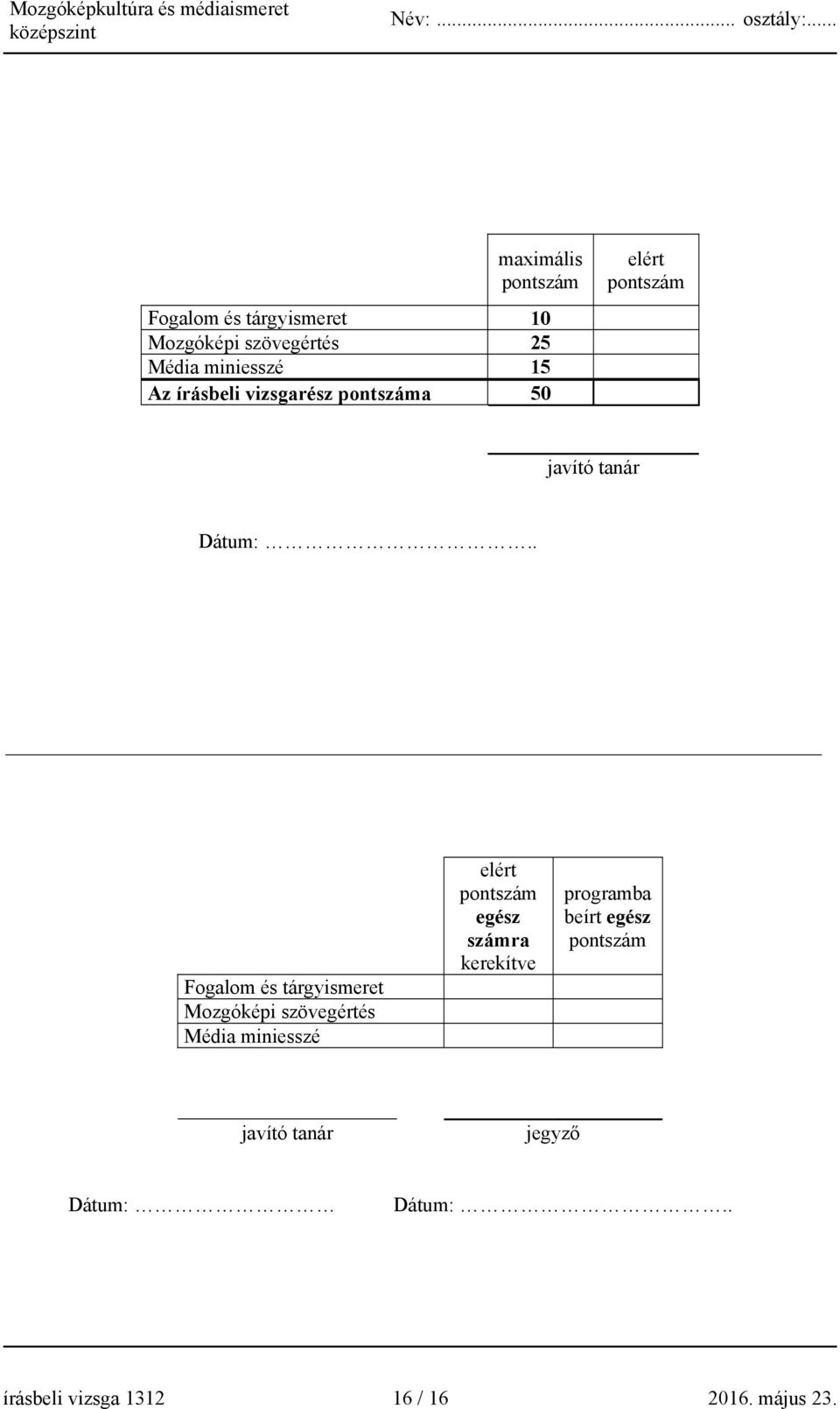 . Fogalom és tárgyismeret Mozgóképi szövegértés Média miniesszé elért pontszám egész számra