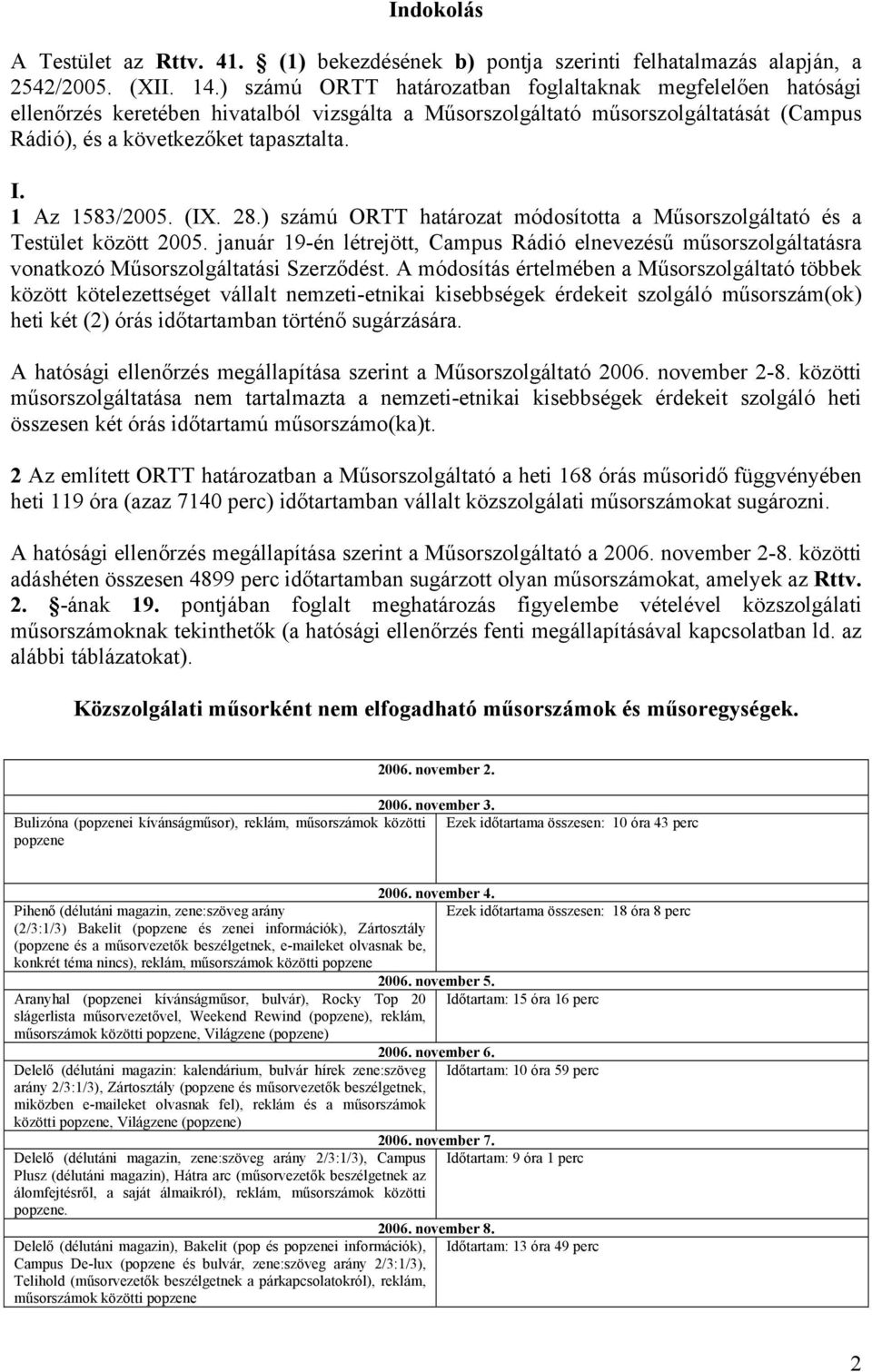 1 Az 1583/2005. (IX. 28.) számú ORTT határozat módosította a Műsorszolgáltató és a Testület között 2005.