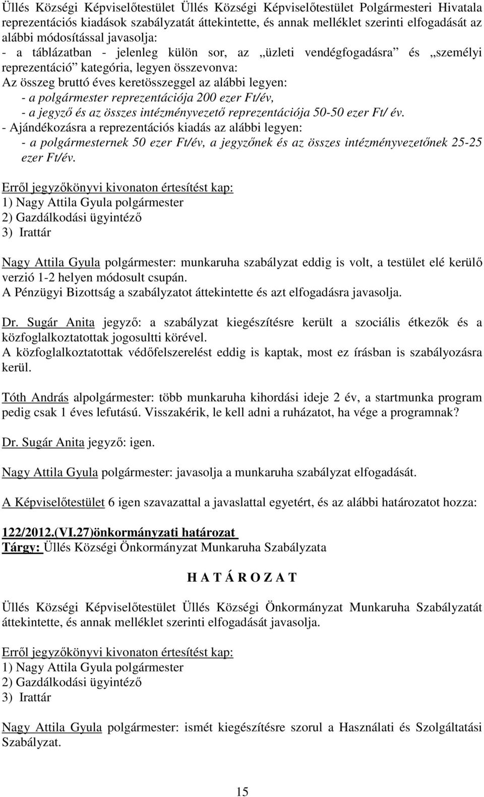 - a polgármester reprezentációja 200 ezer Ft/év, - a jegyző és az összes intézményvezető reprezentációja 50-50 ezer Ft/ év.