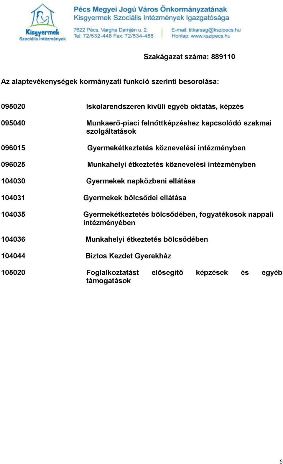 köznevelési intézményben 104030 Gyermekek napközbeni ellátása 104031 Gyermekek bölcsődei ellátása 104035 Gyermekétkeztetés bölcsődében, fogyatékosok