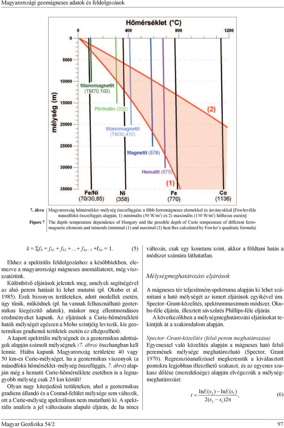 uxus esetén] Figure 7 The depth temperature dependence of Hungary and the possible depth of Curie temperature of different ferromagnetic elements and minerals (minimal (1) and maximal (2) heat ux