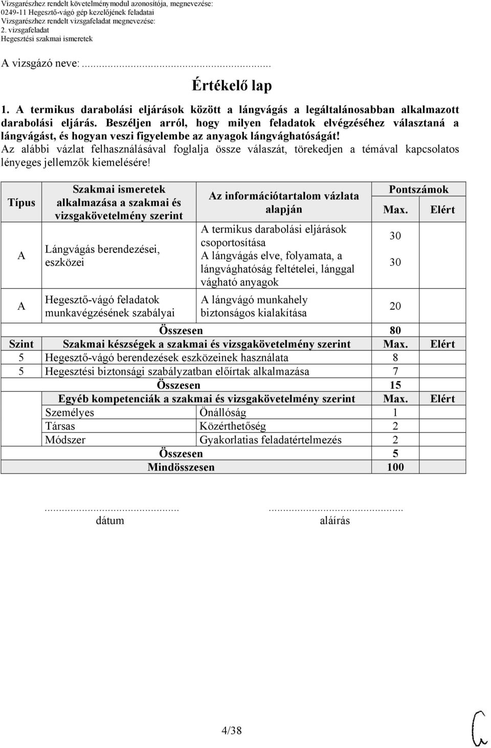 z alábbi vázlat felhasználásával foglalja össze válaszát, törekedjen a témával kapcsolatos Típus Szakmai ismeretek alkalmazása a szakmai és vizsgakövetelmény szerint Lángvágás berendezései, eszközei