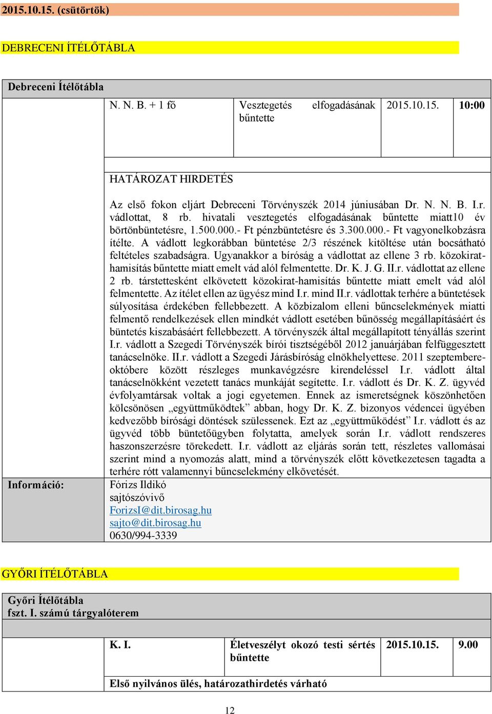 A vádlott legkorábban büntetése 2/3 részének kitöltése után bocsátható feltételes szabadságra. Ugyanakkor a bíróság a vádlottat az ellene 3 rb.