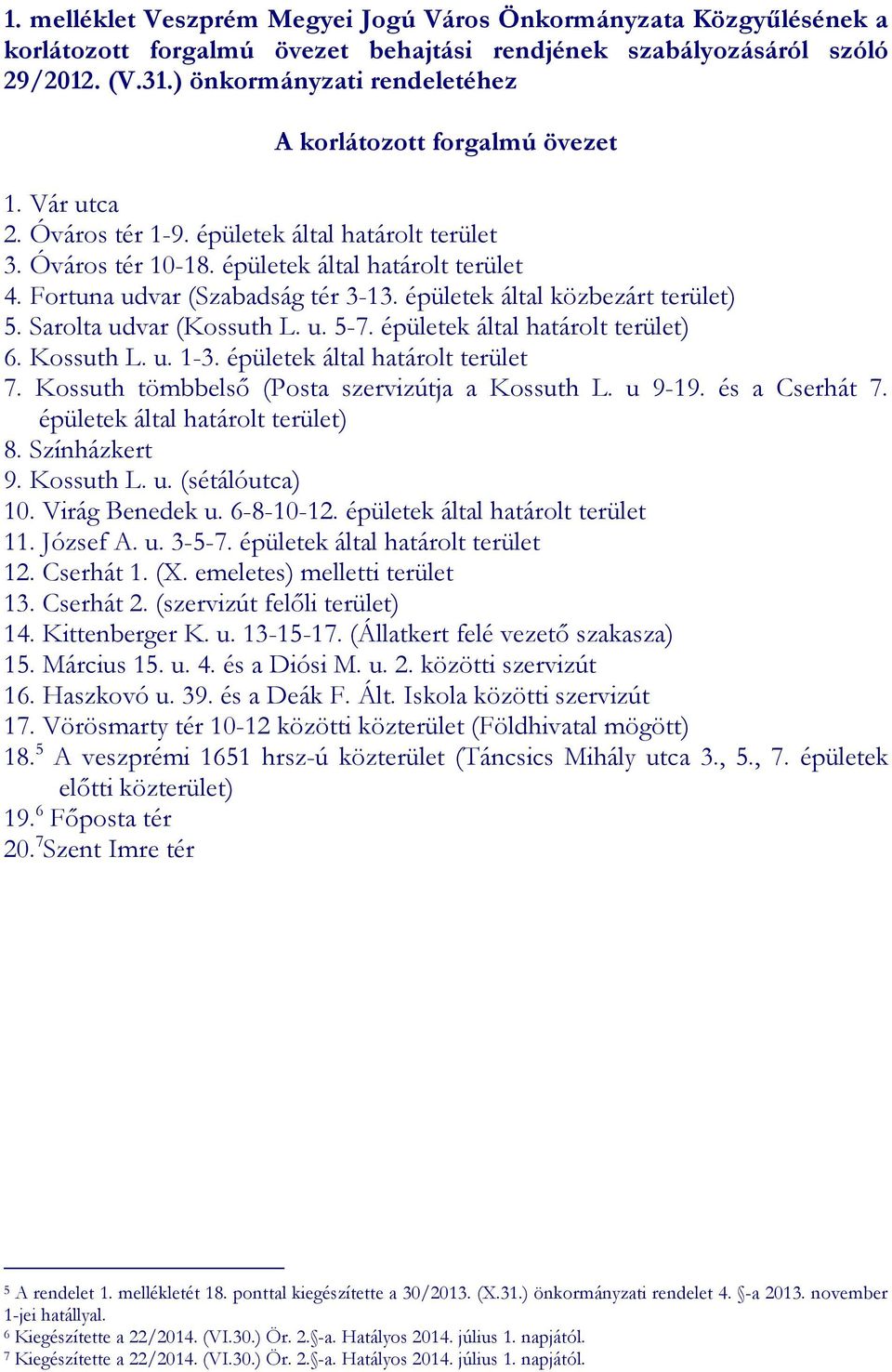 Fortuna udvar (Szabadság tér 3-13. épületek által közbezárt terület) 5. Sarolta udvar (Kossuth L. u. 5-7. épületek által határolt terület) 6. Kossuth L. u. 1-3. épületek által határolt terület 7.