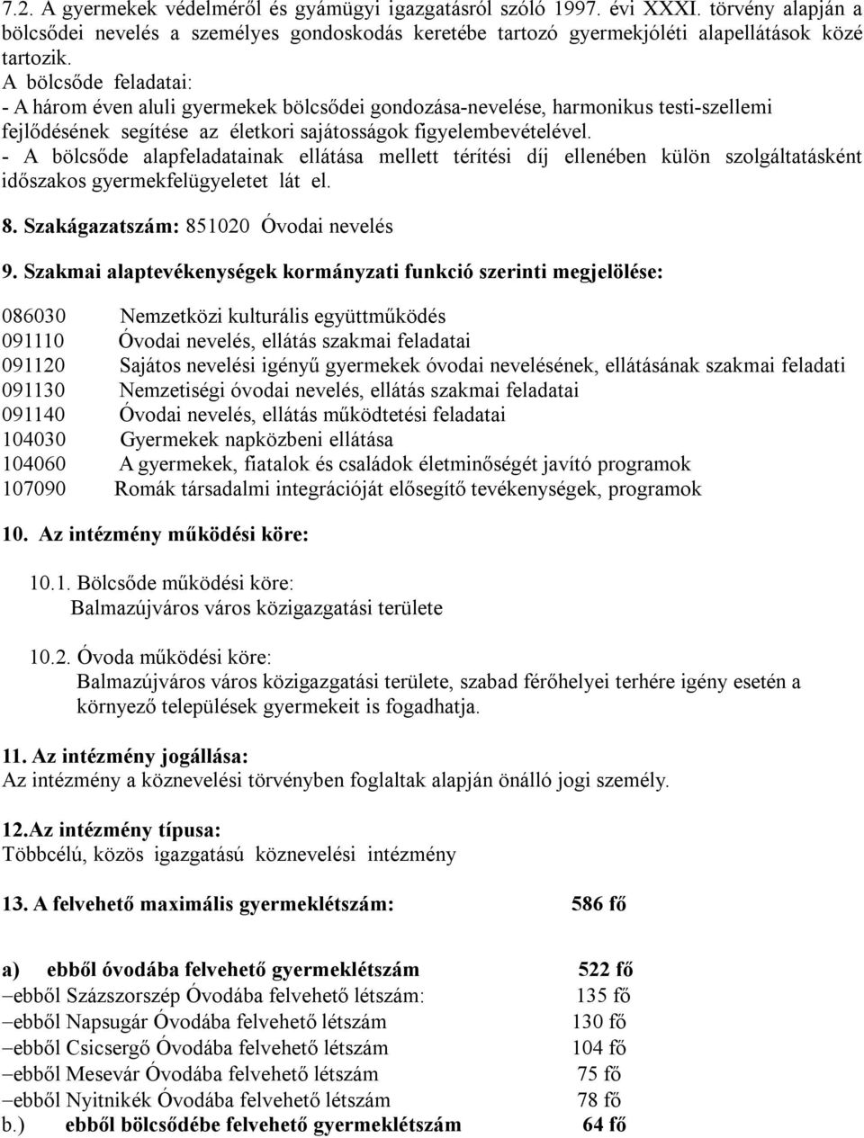 - A bölcsőde alapfeladatainak ellátása mellett térítési díj ellenében külön szolgáltatásként időszakos gyermekfelügyeletet lát el. 8. Szakágazatszám: 851020 Óvodai nevelés 9.