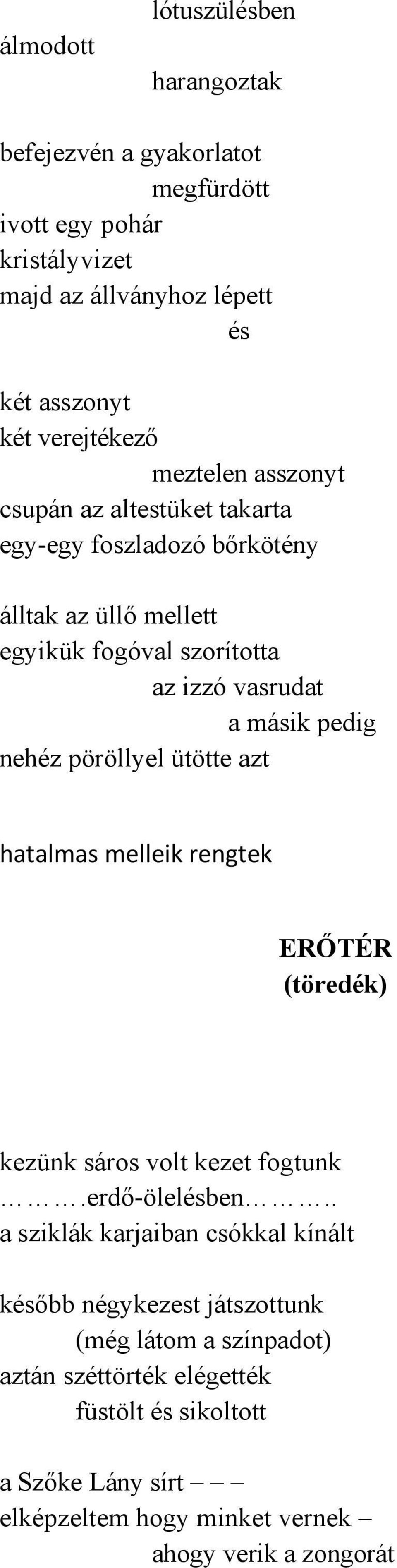 nehéz pöröllyel ütötte azt hatalmas melleik rengtek ERŐTÉR (töredék) kezünk sáros volt kezet fogtunk.erdő-ölelésben.