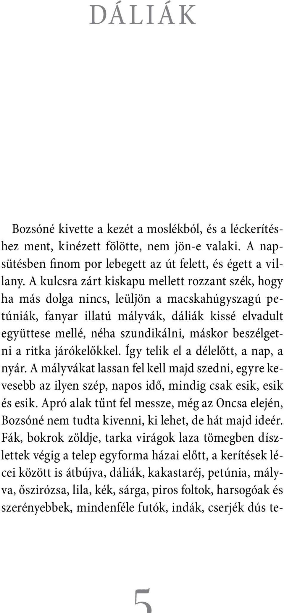 beszélgetni a ritka járókelőkkel. Így telik el a délelőtt, a nap, a nyár. A mályvákat lassan fel kell majd szedni, egyre kevesebb az ilyen szép, napos idő, mindig csak esik, esik és esik.