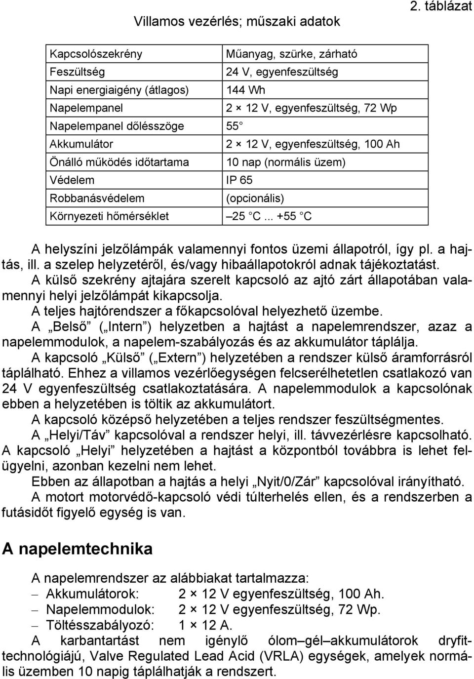 Védelem IP 65 Robbanásvédelem 2 12 V, egyenfeszültség, 72 Wp 2 12 V, egyenfeszültség, 100 Ah 10 nap (normális üzem) (opcionális) Környezeti hőmérséklet 25 C.