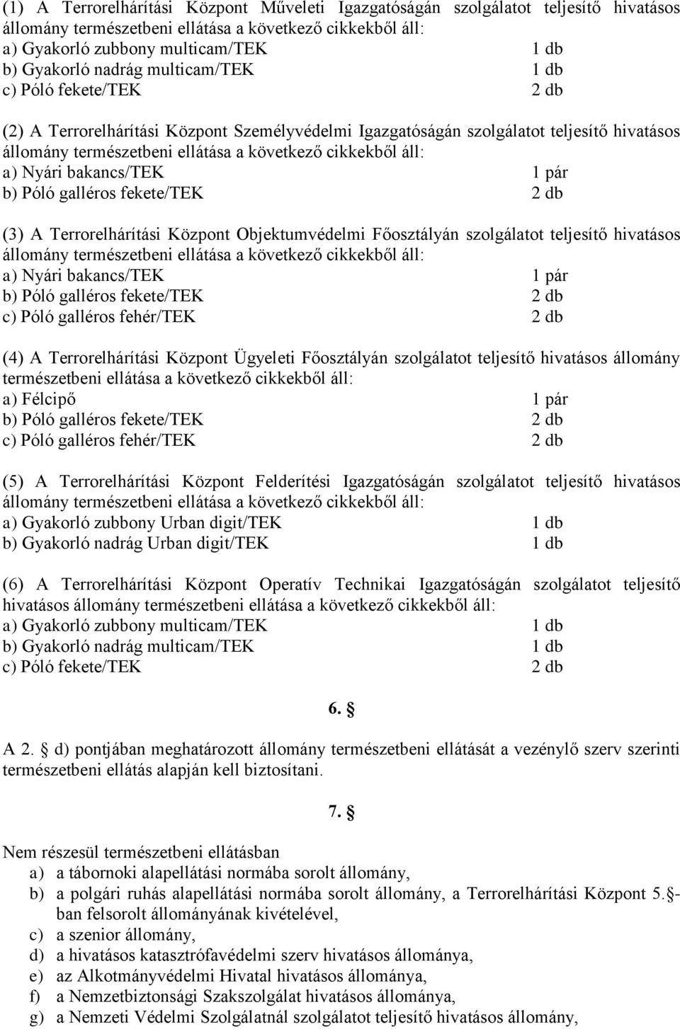 Főosztályán szolgálatot teljesítő hivatásos a) Nyári bakancs/tek 1 pár b) Póló galléros fekete/tek 2 db c) Póló galléros fehér/tek 2 db (4) A Terrorelhárítási Központ Ügyeleti Főosztályán szolgálatot