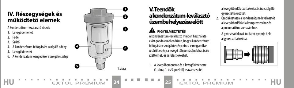 Teendők a kondenzátum-leválasztó üzembe helyezése előtt FIgYELMEZTETÉS A kondenzátum-leválasztó minden használata előtt gondosan ellenőrizze, hogy a kondenzátum felfogására szolgáló edény nincs-e