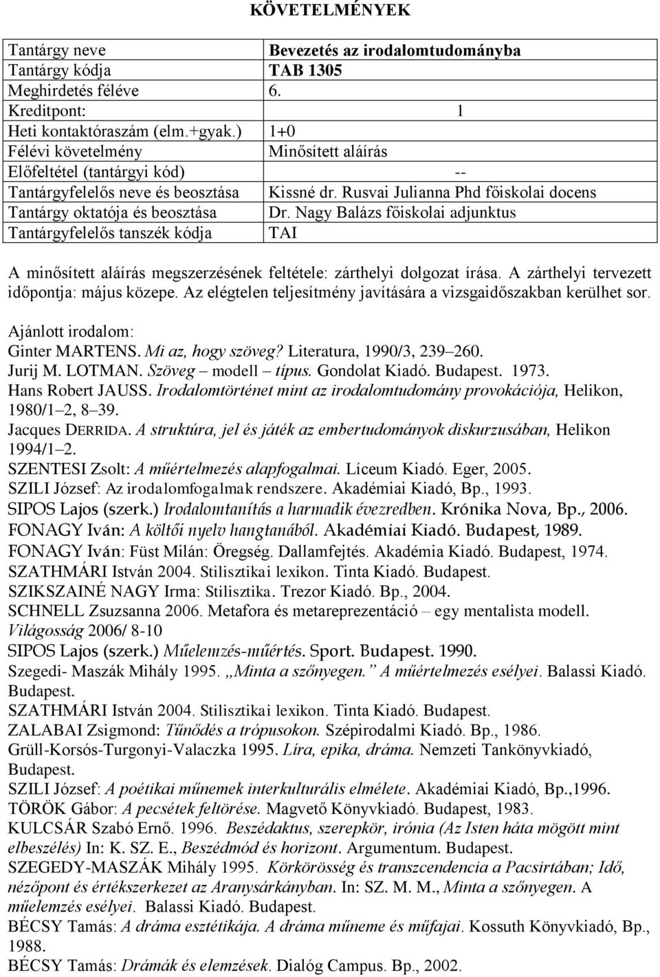 Rusvai Julianna Phd főiskolai docens A minősített aláírás megszerzésének feltétele: zárthelyi dolgozat írása. A zárthelyi tervezett időpontja: május közepe.