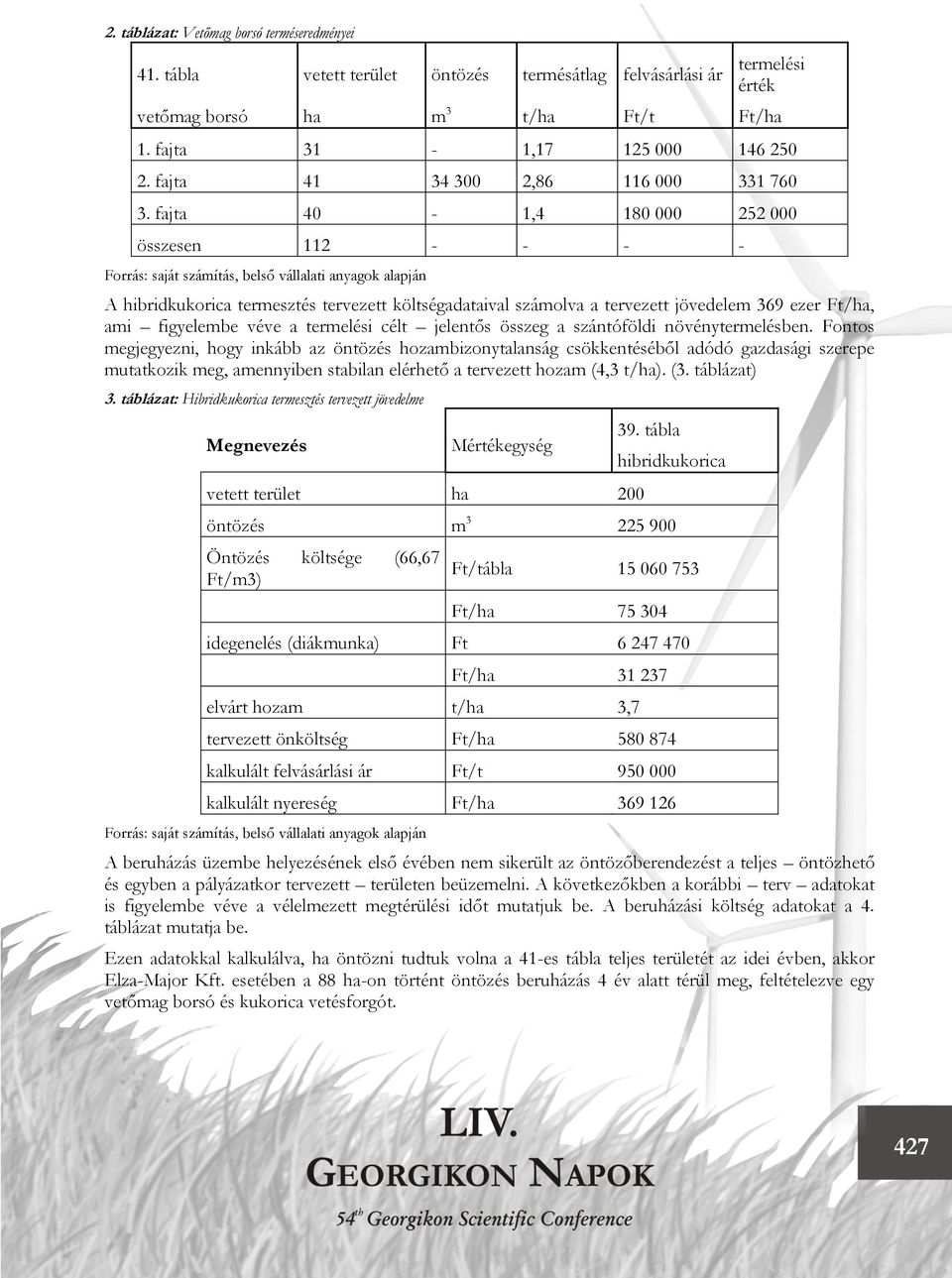 fajta 40-1,4 180 000 252 000 összesen 112 - - - - Forrás: saját számítás, belső vállalati anyagok alapján A hibridkukorica termesztés tervezett költségadataival számolva a tervezett jövedelem 369