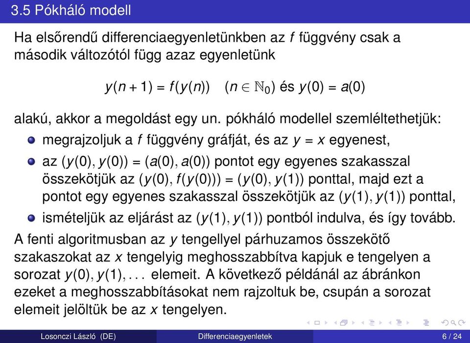 ponttal, majd ezt a pontot egy egyenes szakasszal összekötjük az (y(1), y(1)) ponttal, ismételjük az eljárást az (y(1), y(1)) pontból indulva, és így tovább.