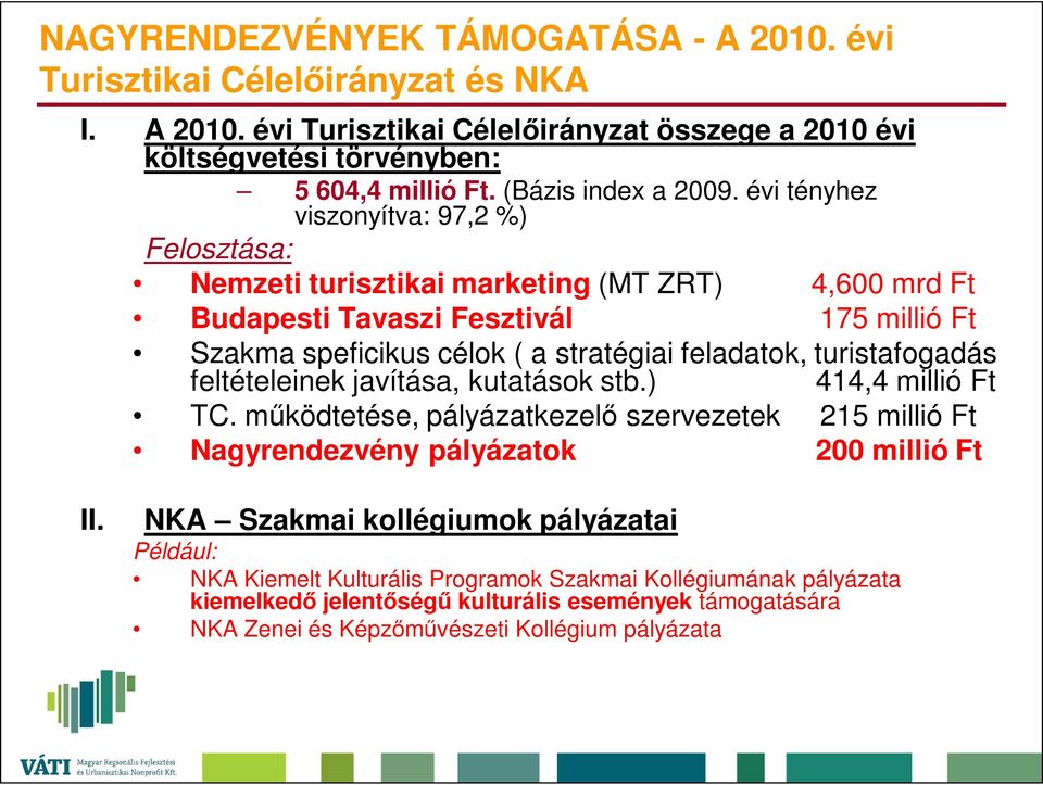 évi tényhez viszonyítva: 97,2 %) Felosztása: Nemzeti turisztikai marketing (MT ZRT) 4,600 mrd Ft Budapesti Tavaszi Fesztivál 175 millió Ft Szakma speficikus célok ( a stratégiai feladatok,
