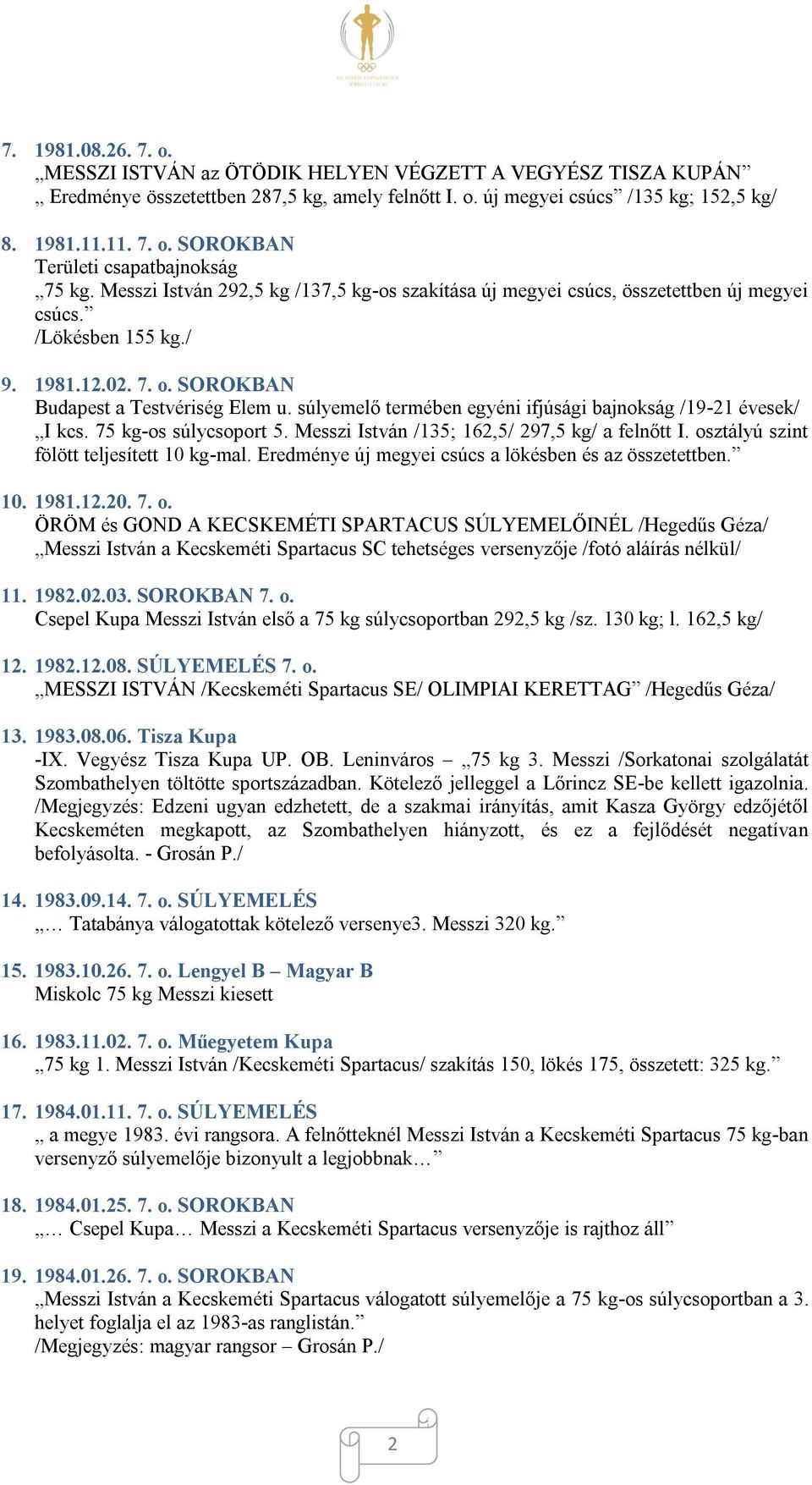 súlyemelő termében egyéni ifjúsági bajnokság /19-21 évesek/ I kcs. 75 kg-os súlycsoport 5. Messzi István /135; 162,5/ 297,5 kg/ a felnőtt I. osztályú szint fölött teljesített 10 kg-mal.