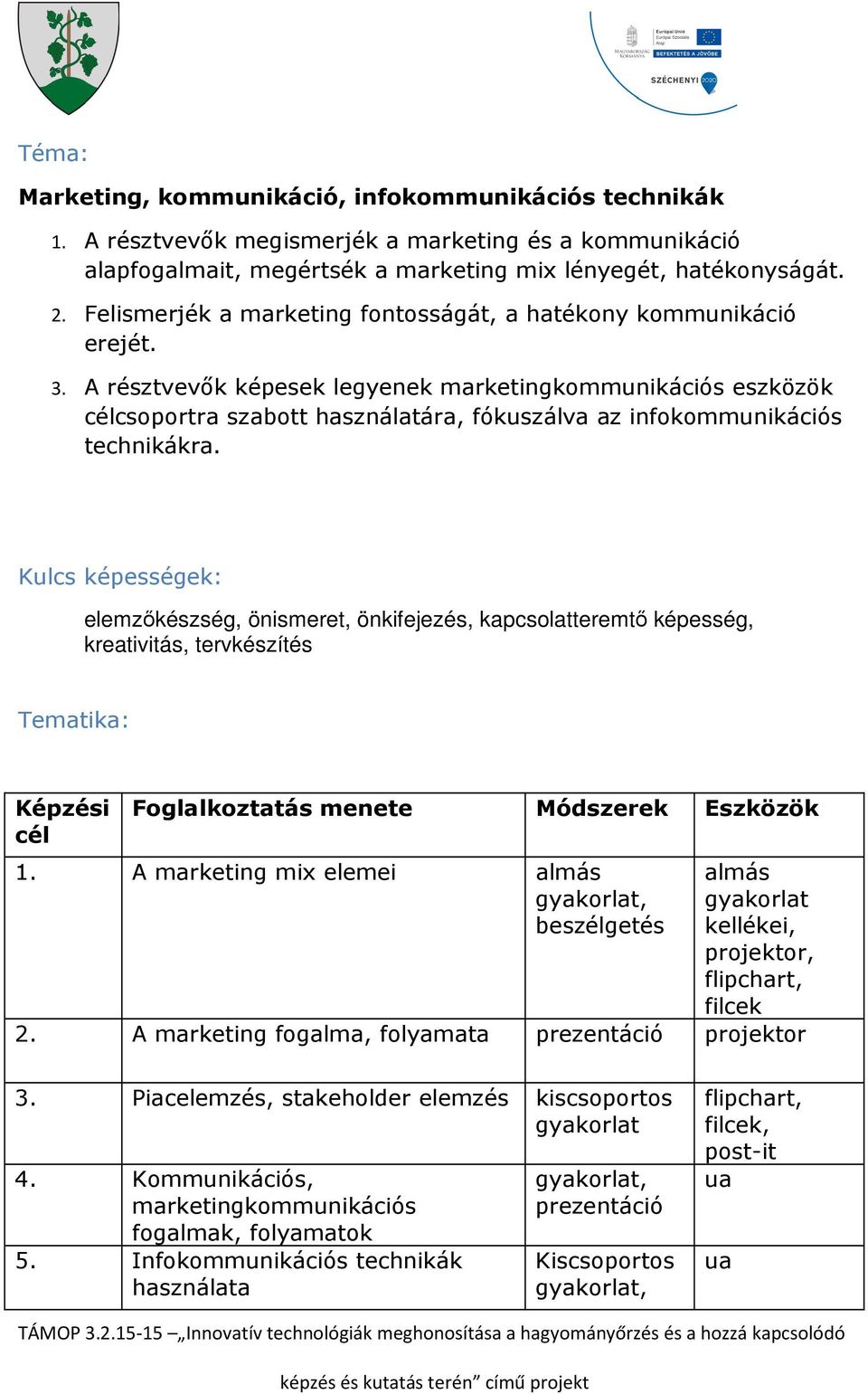 A résztvevők képesek legyenek marketingkommunikációs eszközök célcsoportra szabott használatára, fókuszálva az infokommunikációs technikákra.