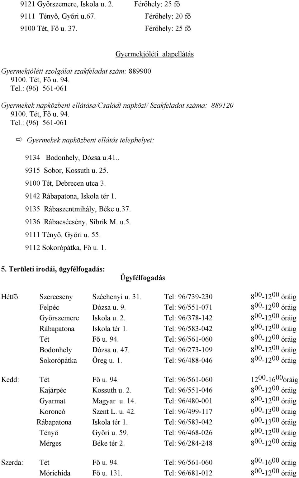 : (96) 561-061 Gyermekek napközbeni ellátás telephelyei: 9134 Bodonhely, Dózsa u.41.. 9315 Sobor, Kossuth u. 25. 9100 Tét, Debrecen utca 3. 9142 Rábapatona, Iskola tér 1. 9135 Rábaszentmihály, Béke u.