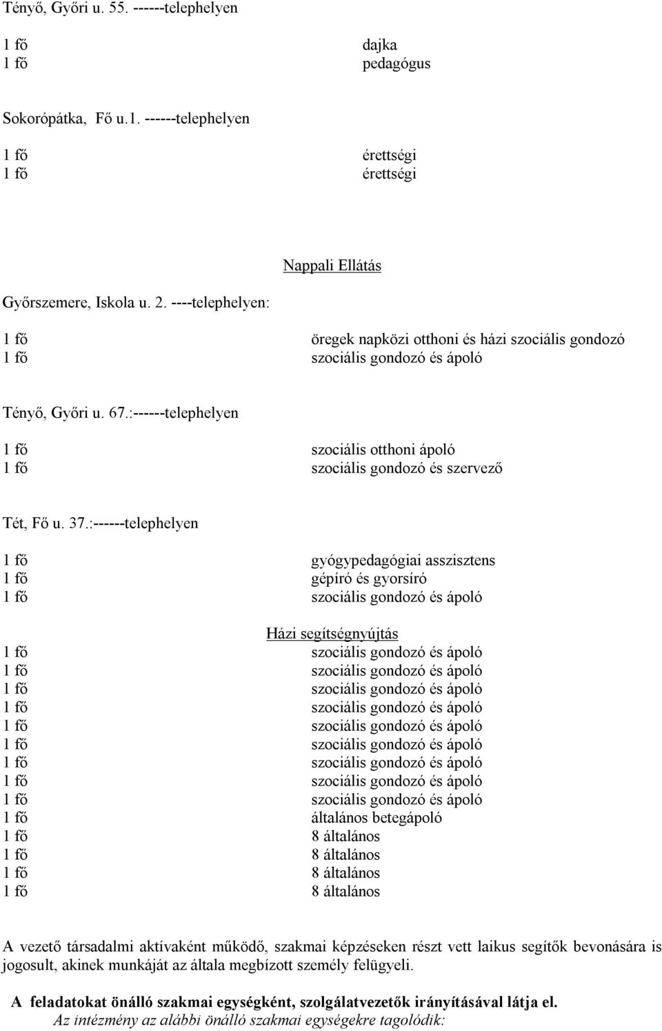 :------telephelyen 1 fő szociális otthoni ápoló 1 fő szociális gondozó és szervező Tét, Fő u. 37.