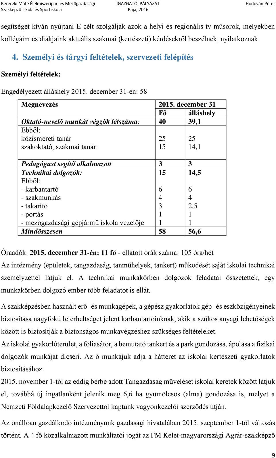 december 31 Fő álláshely Oktató-nevelő munkát végzők létszáma: 40 39,1 Ebből: közismereti tanár szakoktató, szakmai tanár: 25 15 25 14,1 Pedagógust segítő alkalmazott 3 3 Technikai dolgozók: Ebből: -