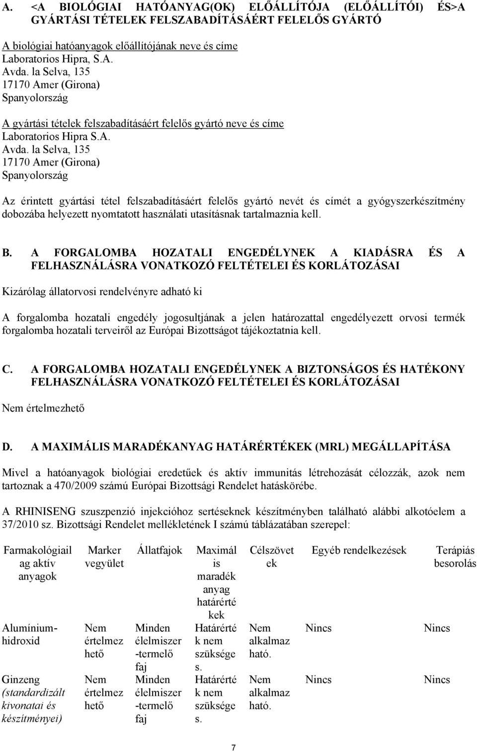 la Selva, 135 17170 Amer (Girona) Spanyolország Az érintett gyártási tétel felszabadításáért felelős gyártó nevét és címét a gyógyszerkészítmény dobozába helyezett nyomtatott használati utasításnak