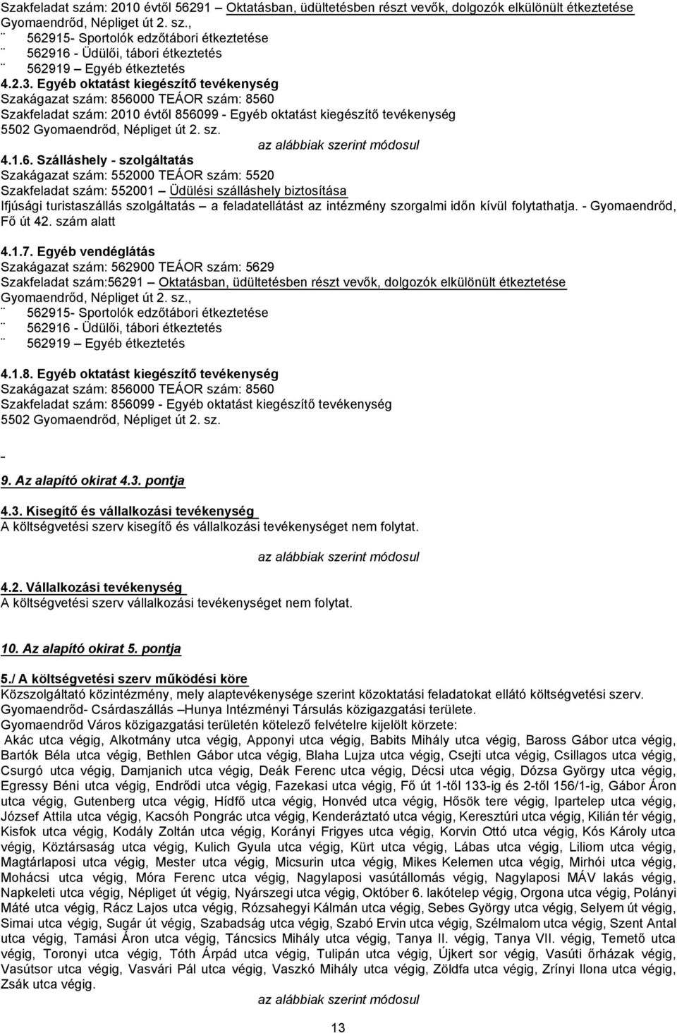 .6. Szálláshely - szolgáltatás Szakágazat szám: 55000 TEÁOR szám: 550 Szakfeladat szám: 5500 Üdülési szálláshely biztosítása Ifjúsági turistaszállás szolgáltatás a feladatellátást az intézmény