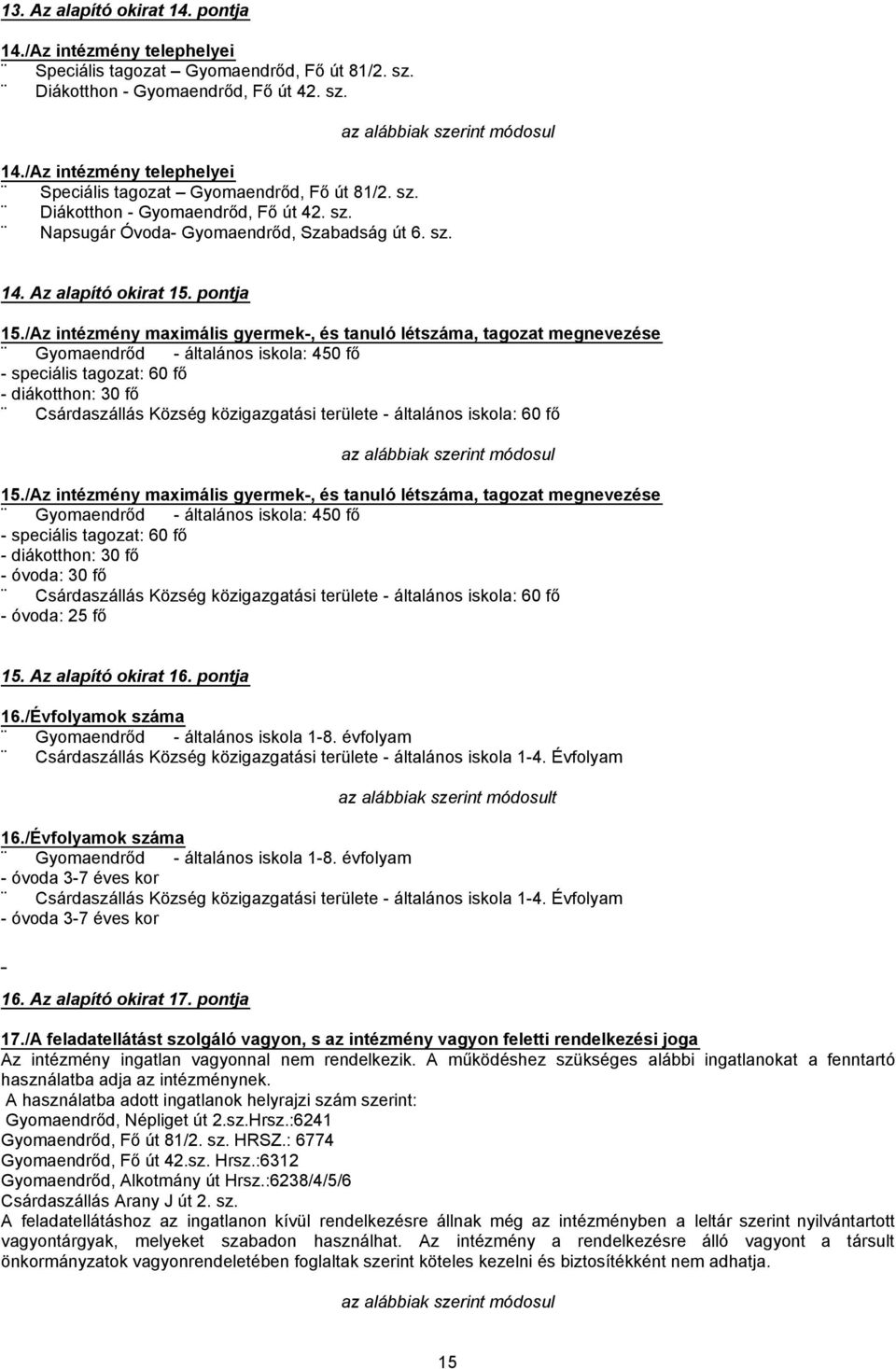 /Az intézmény maximális gyermek-, és tanuló létszáma, tagozat megnevezése Gyomaendrőd - általános iskola: 450 fő - speciális tagozat: 60 fő - diákotthon: 30 fő Csárdaszállás Község közigazgatási