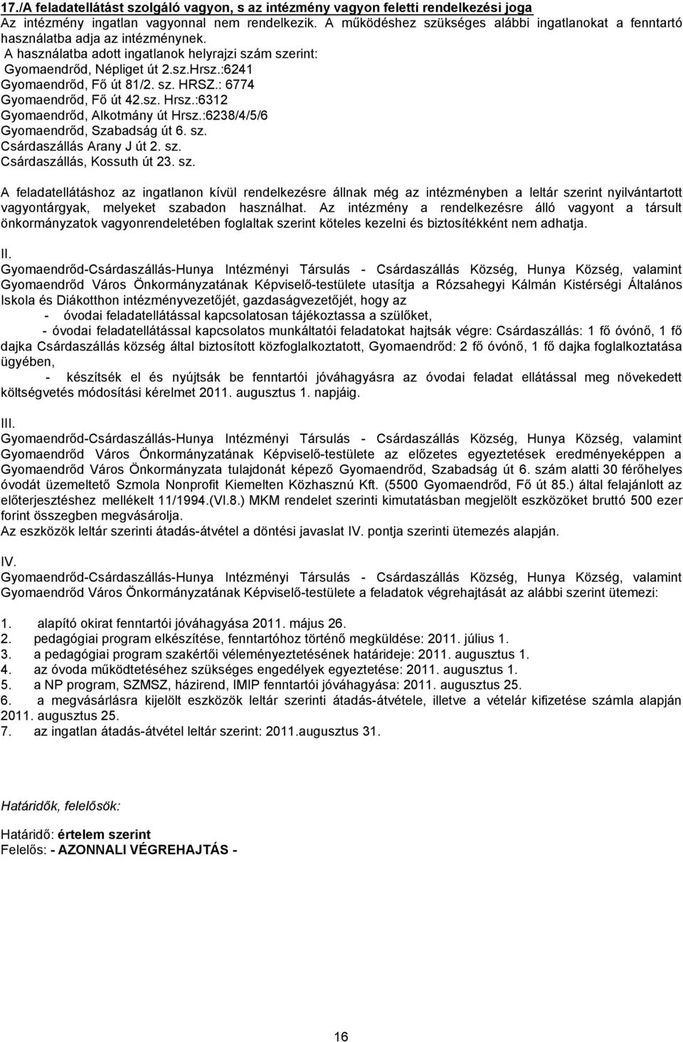 :64 Gyomaendrőd, Fő út 8/. sz. HRSZ.: 6774 Gyomaendrőd, Fő út 4.sz. Hrsz.:63 Gyomaendrőd, Alkotmány út Hrsz.:638/4/5/6 Gyomaendrőd, Szabadság út 6. sz. Csárdaszállás Arany J út. sz. Csárdaszállás, Kossuth út 3.