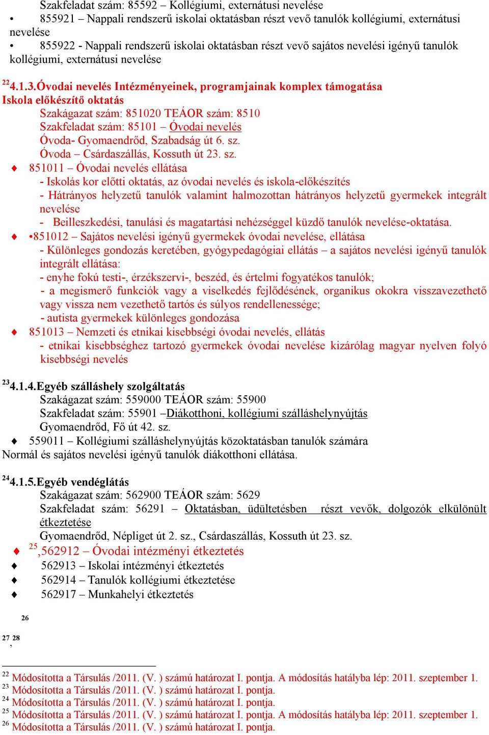 Óvodai nevelés Intézményeinek, programjainak komplex támogatása Iskola előkészítő oktatás Szakágazat szám: 8500 TEÁOR szám: 850 Szakfeladat szám: 850 Óvodai nevelés Óvoda- Gyomaendrőd, Szabadság út 6.